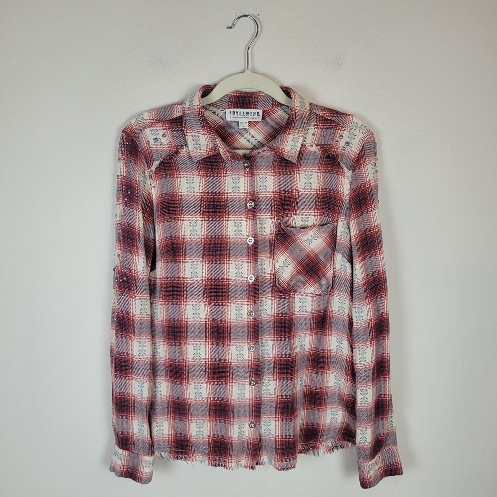Idyllwind Shirt XS Large Red Cream Plaid Flannel Beaded Fringed Western Cowgirl